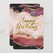 Pink Agate & Gold Glitzer Happy Birthday Flat Card (Vorne/Hinten)
