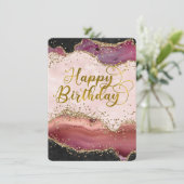 Pink Agate & Gold Glitzer Happy Birthday Flat Card (Stehend Vorderseite)