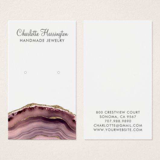 Pink Agate Script Earring Juwelier Display Card (Vorne & Hinten)