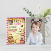 Pink Ahoy Treasure Karte Girls Pirate Foto Geburts (Stehend Vorderseite)