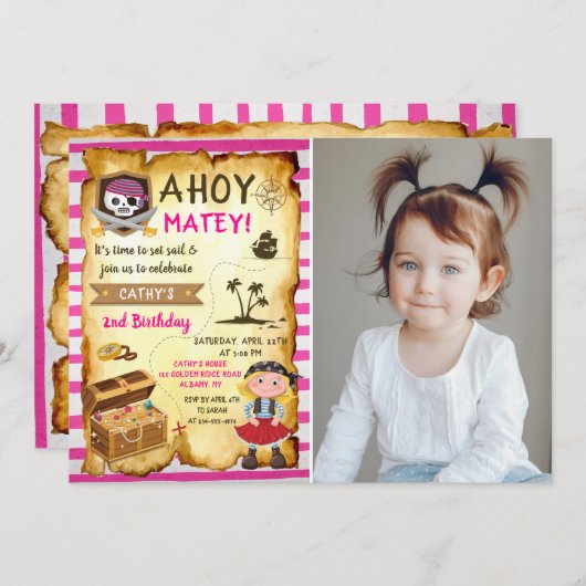 Pink Ahoy Treasure Karte Girls Pirate Foto Geburts (Vorne/Hinten)