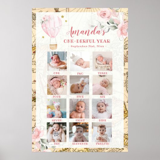 Pink Air Ballon Erstes Jahr Foto Collage Post Poster (Vorne)