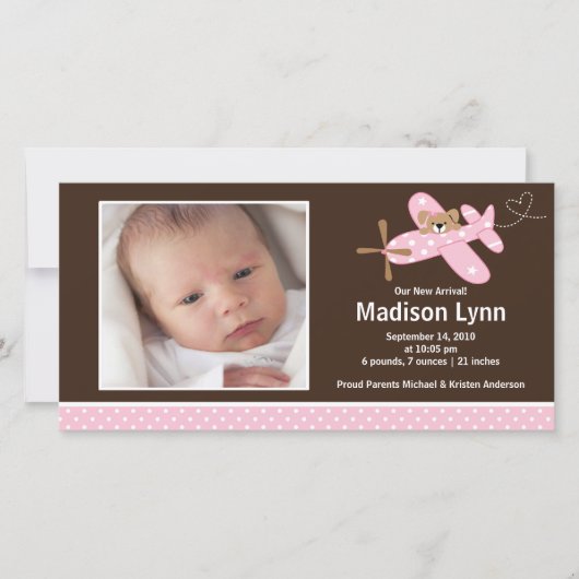 Pink Airplane Baby Girl Birth Annoucement Ankündigung (Vorderseite)