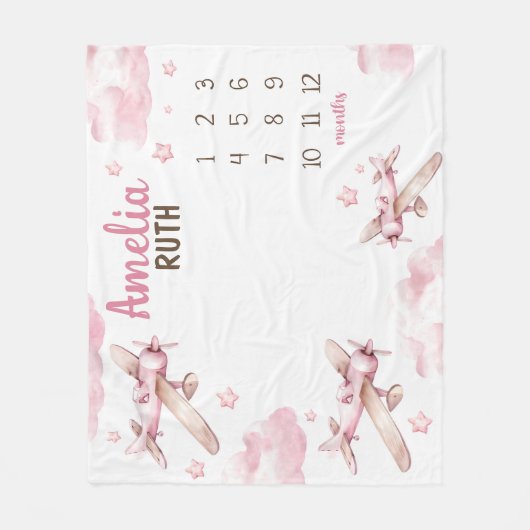 PINK AIRPLANE MILESTONE Blanket, Personalisiertes  Fleecedecke (Vorderseite)