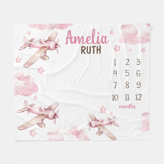 PINK AIRPLANE MILESTONE Blanket, Personalisiertes  Fleecedecke (Vorderseite (Horizontal))