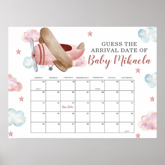 Pink Airplane Showrate Baby Due Date Kalender Poster (Vorne)