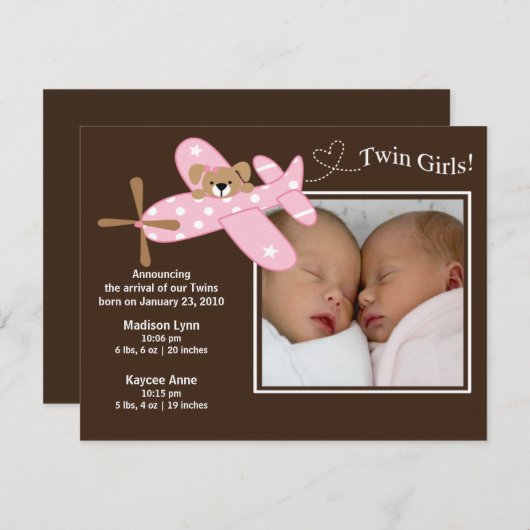 Pink Airplane Twin Girls Geburtsankündigung Ankündigung (Vorne/Hinten)