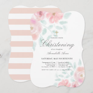 Pink Airy Rose Floral Girl Christening Einladung