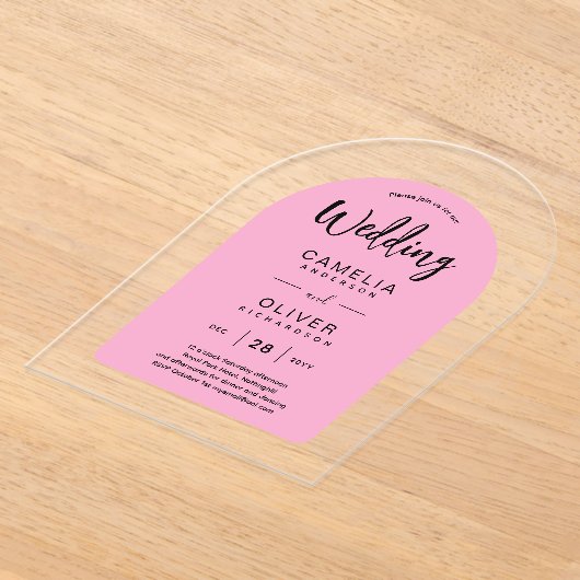 Pink Akryllische Hochzeit lädt Schwarz Text Modern Acryleinladungen (Ablage )