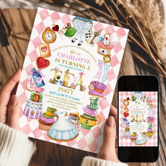 Pink Alice im Wunderland Einladung zum 5. Geburtst