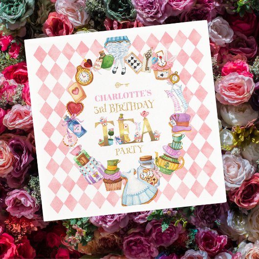Pink Alice in Wonderland 3rd Birthday Serviette