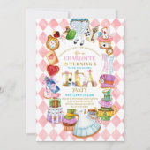 Pink Alice in Wonderland 4th birthday Invitation Einladung (Vorderseite)