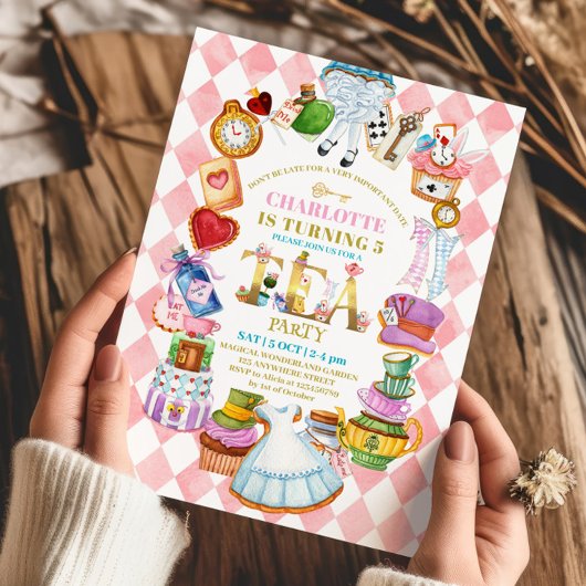 Pink Alice in Wonderland 5th birthday Invitation Einladung