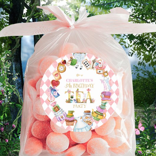 Pink Alice in Wonderland 5th Birthday   Runder Aufkleber