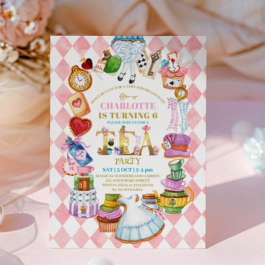 Pink Alice in Wonderland 6th birthday Invitation Einladung