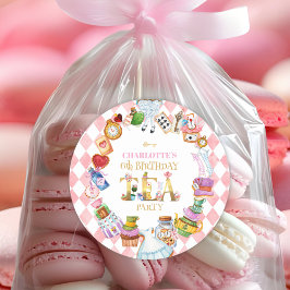 Pink Alice in Wonderland 6th Birthday   Runder Aufkleber
