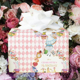 Pink Alice in Wonderland 7th Birthday   Geschenkpapier