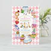 Pink Alice in Wonderland 7th birthday Invitation Einladung (Stehend Vorderseite)