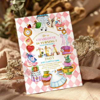 Pink Alice in Wonderland 7th birthday Invitation Einladung