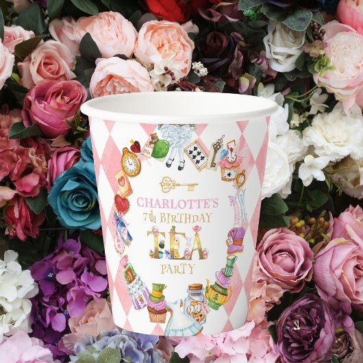 Pink Alice in Wonderland 7th birthday Pappbecher