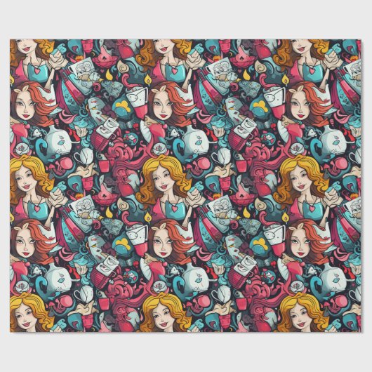 Pink Alice Tee Party Thema Geschenkpapier (Flach)
