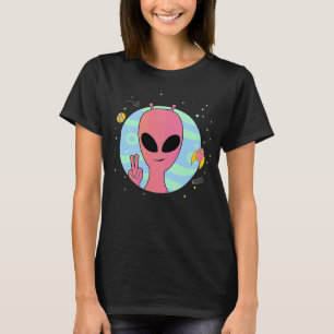 Pink Alien Peace Sign Hand UFO Raumschiff Planets T-Shirt