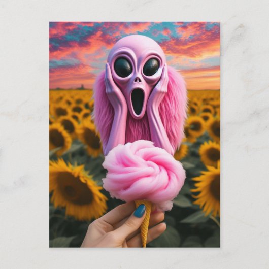 Pink Alien Screams in Van Gogh Sonnenblumenfeld Postkarte (Vorderseite)