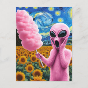 Pink Alien Screams in Van Gogh Sonnenblumenfeld Postkarte