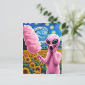 Pink Alien Screams in Van Gogh Sonnenblumenfeld Postkarte (Stehend Vorderseite)
