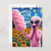 Pink Alien Screams in Van Gogh Sonnenblumenfeld Postkarte (Vorne/Hinten)