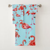 Pink Aloha Flamingo Vogelmuster auf Aquamarin Badhandtuch Set (Insitu)
