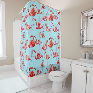 Pink Aloha Flamingo Vogelmuster auf Aquamarin Duschvorhang
