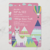 Pink Alpaca Balloon Baby Girl Sip Babydusche Einladung (Vorne/Hinten)