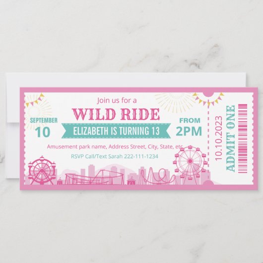 Pink Amusement Park Birthday Invitation Ticket Einladung (Vorderseite)