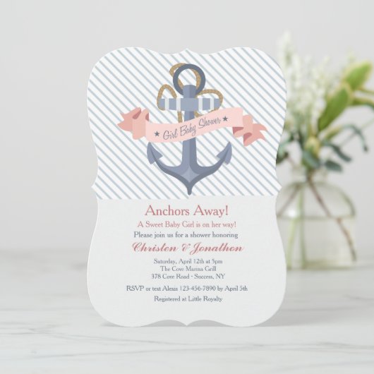 Pink Anchor Banner Kinderdusche Einladung (Stehend Vorderseite)