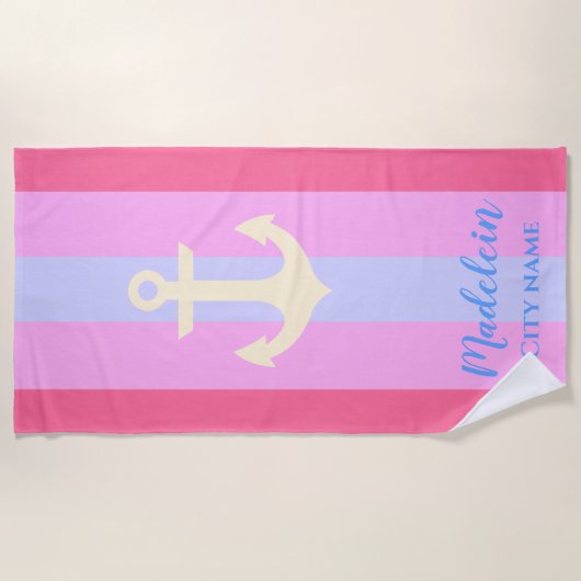 Pink Anchor Modern Nautic Stripes Individuelle Nam Strandtuch (Vorderseite)