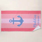 Pink Anchor Modern Nautical Stripes Individuelle N Strandtuch (Vorderseite)