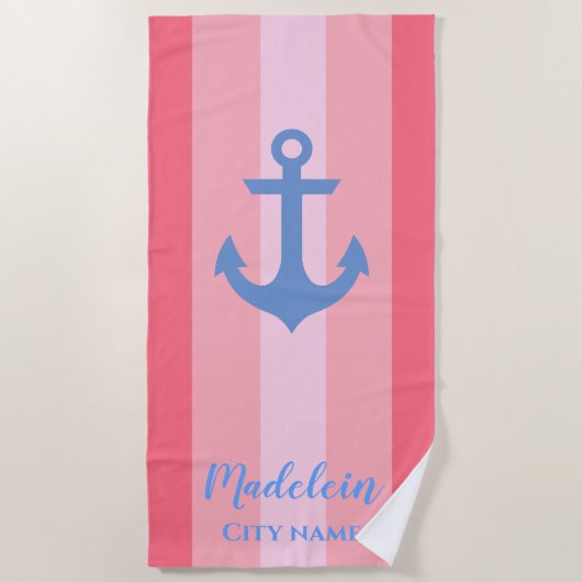Pink Anchor Modern Nautical Stripes Individuelle N Strandtuch (Vorderseite)