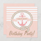 Pink Anchor Stripes Nautical Birthday Einladung (Vorne/Hinten)