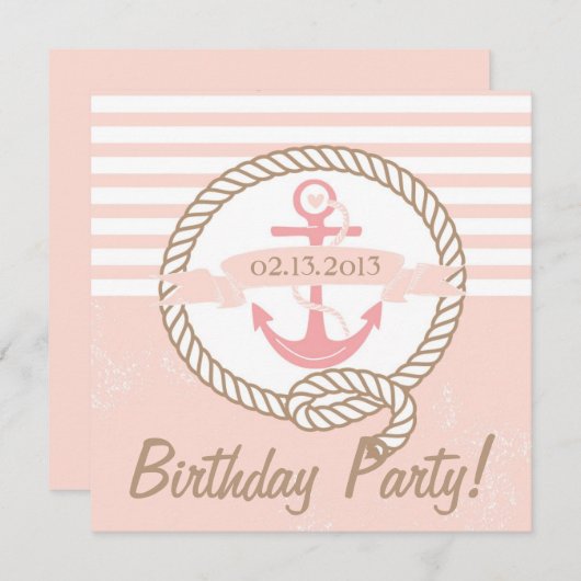 Pink Anchor Stripes Nautical Birthday Einladung (Vorne/Hinten)
