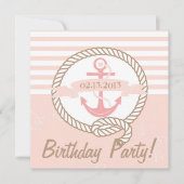 Pink Anchor Stripes Nautical Birthday Einladung (Vorderseite)