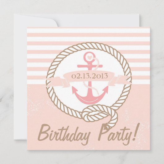 Pink Anchor Stripes Nautical Birthday Einladung (Vorderseite)