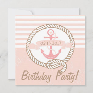 Pink Anchor Stripes Nautical Birthday Einladung