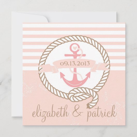 Pink Anchor Stripes Nautical Wedding Einladung (Vorderseite)