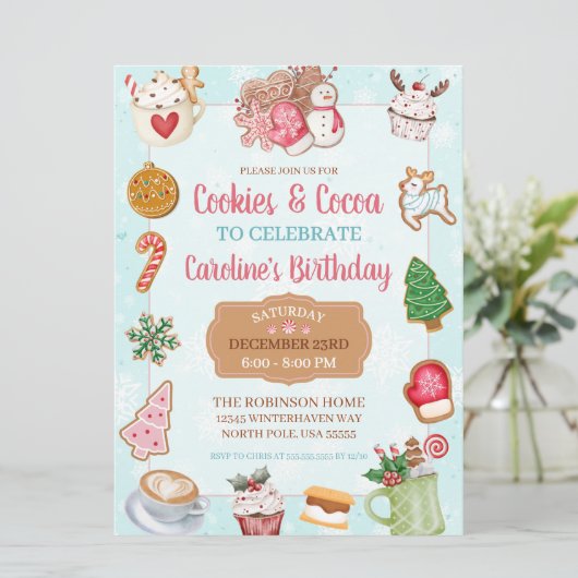 Pink and Aqua Christmas Cookies and Cocoa Birthday Einladung (Stehend Vorderseite)