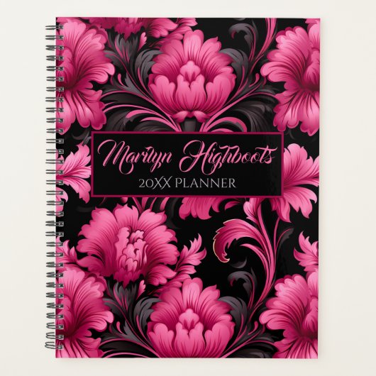 Pink and Black Baroque Floral Planner Planer (Vorderseite)