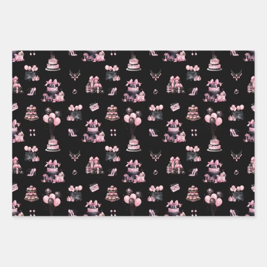 Pink and Black Couture Fashion Birthday Pattern Geschenkpapier Set (Vorderseite)
