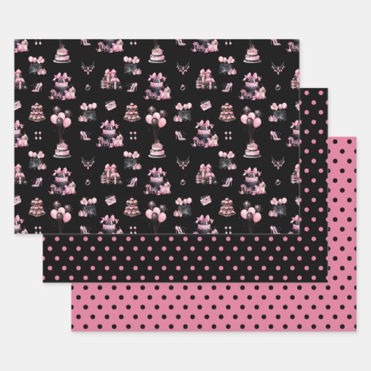 Pink and Black Couture Fashion Birthday Pattern Geschenkpapier Set (Set)