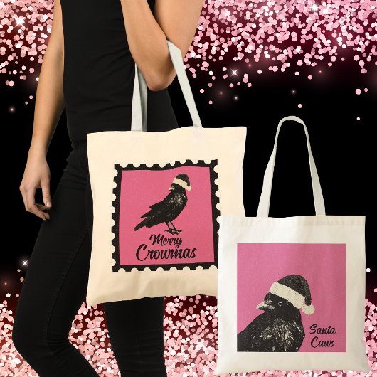 Pink and Black Gothic Crow Merry Crowmas Holiday Tragetasche