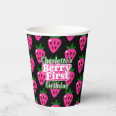 Pink and Black Strawberry Berry First Birthday Pappbecher (Vorderseite)